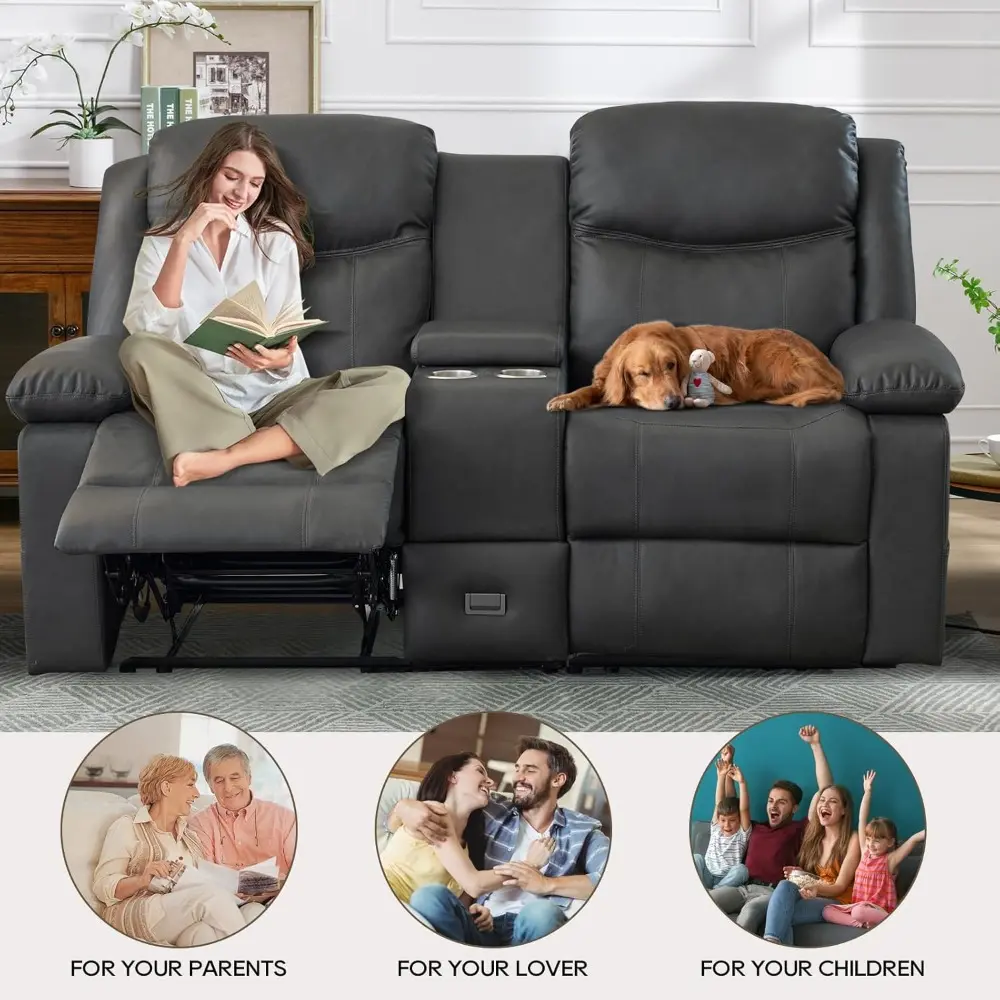 Loveseat Recliner, Reclining Sofa with Console, Double Reclining Couch, 2 Seater Manual Massage Couch for Living Room, Office, H
