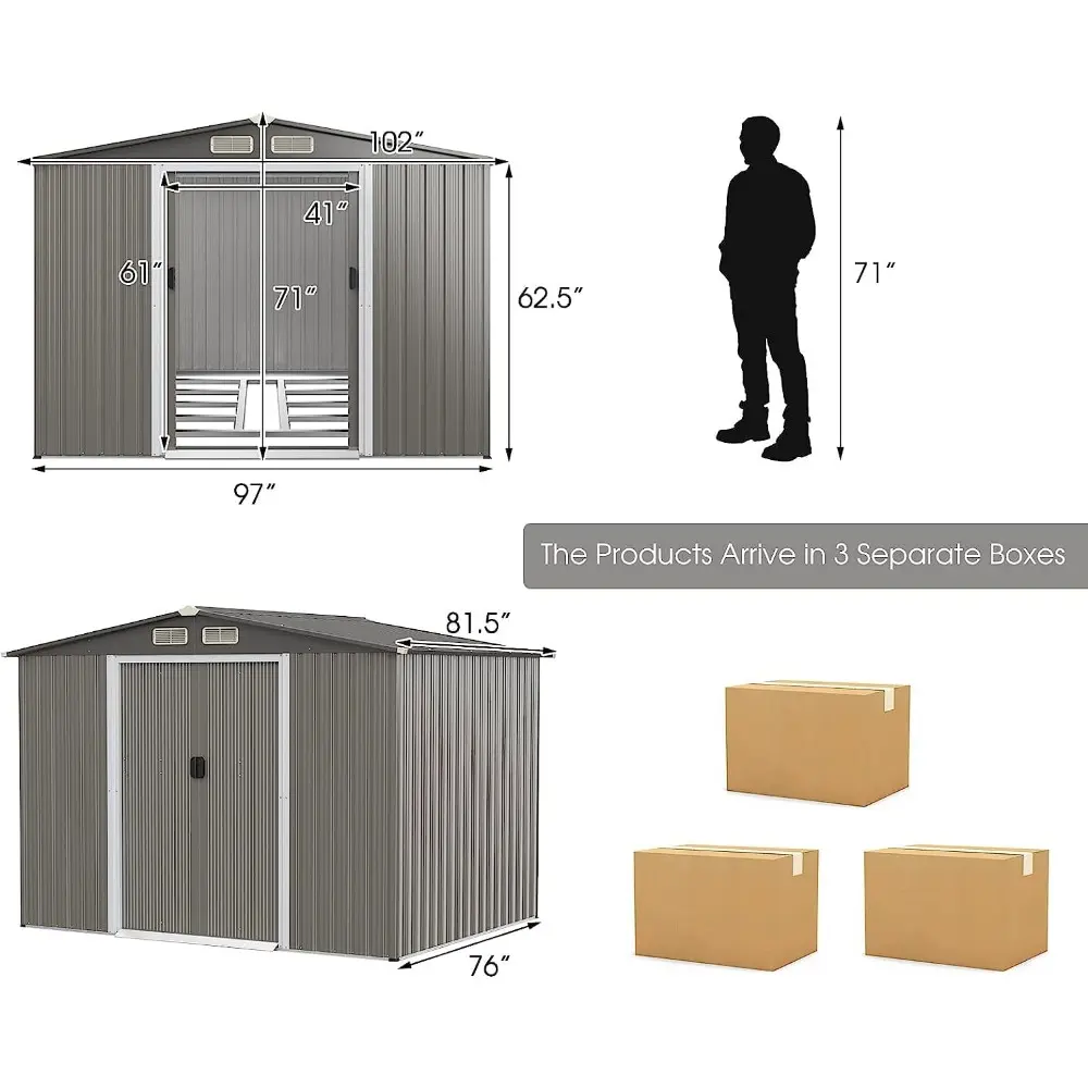 8.5' x 6.8' x 6' Outdoor Storage Shed, Weather-Resistant Utility Storage House w/Foundation, 4 Air Vents, Double Doors & Ramp,