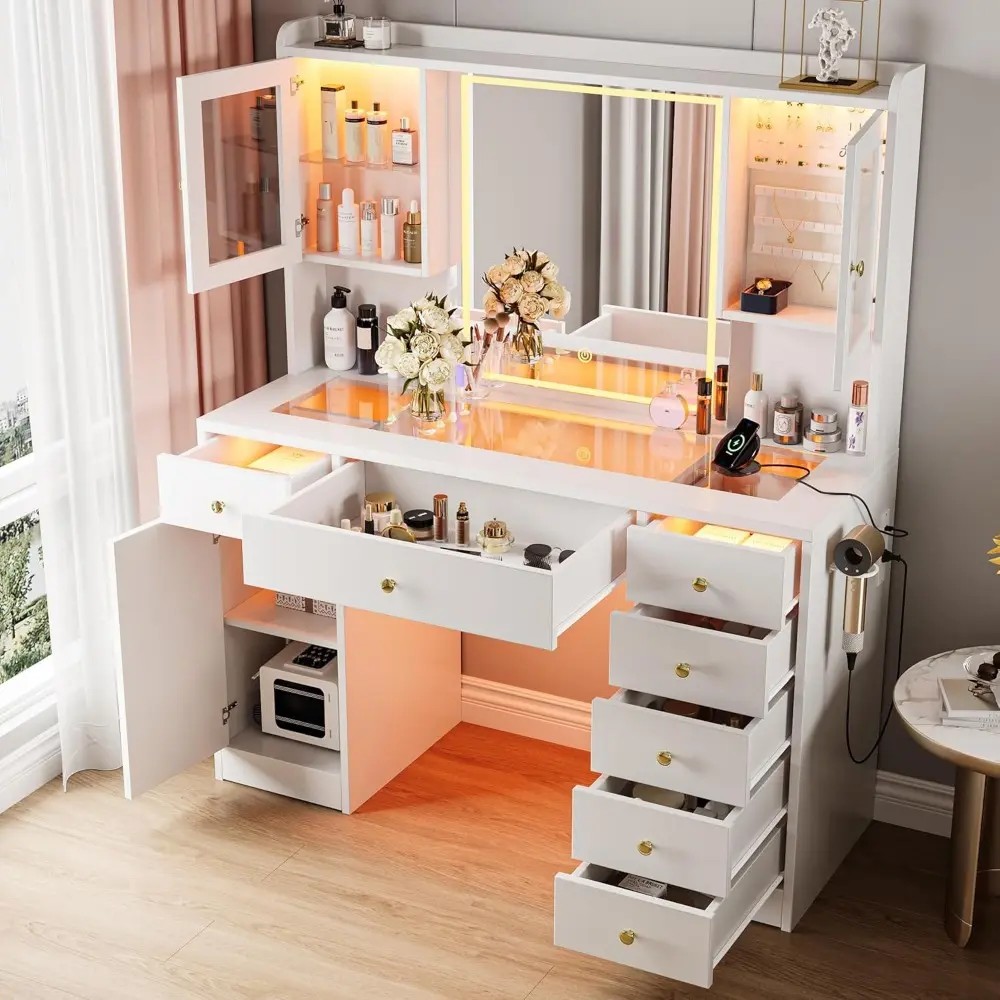 Makeup Vanity Desk with Mirror & LED Lights, Large Glass Top Vanity Table with 7 Drawers & 3 Cabinets, Modern Dressing Table wit