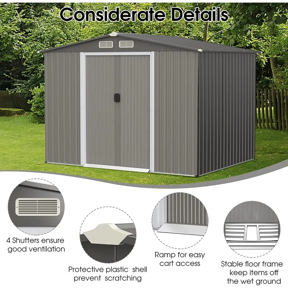8.5' x 6.8' x 6' Outdoor Storage Shed, Weather-Resistant Utility Storage House w/Foundation, 4 Air Vents, Double Doors & Ramp,