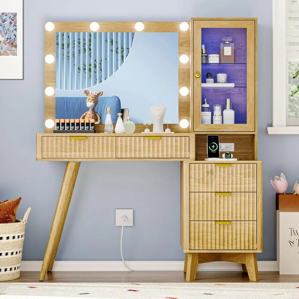 Fluted Vanity Desk with Mirror and Lights, 45" Glass Top Makeup Table Set with 5 Drawers, Power Outlet & Storage Cabinet, Large