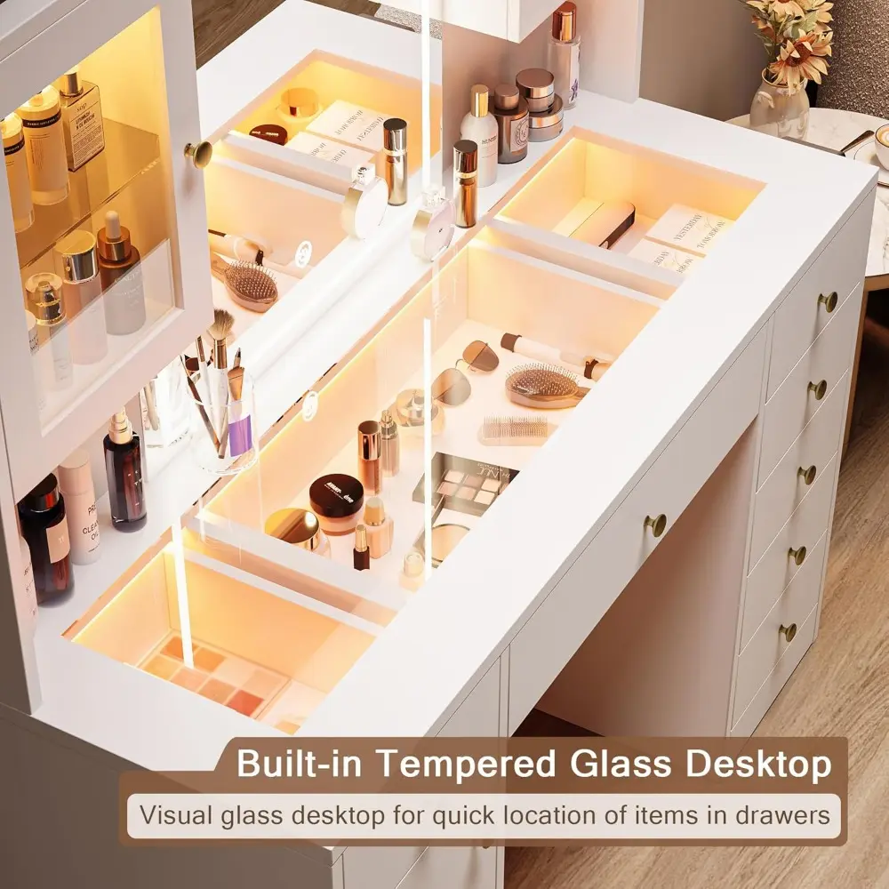 Makeup Vanity Desk with Mirror & LED Lights, Large Glass Top Vanity Table with 7 Drawers & 3 Cabinets, Modern Dressing Table wit