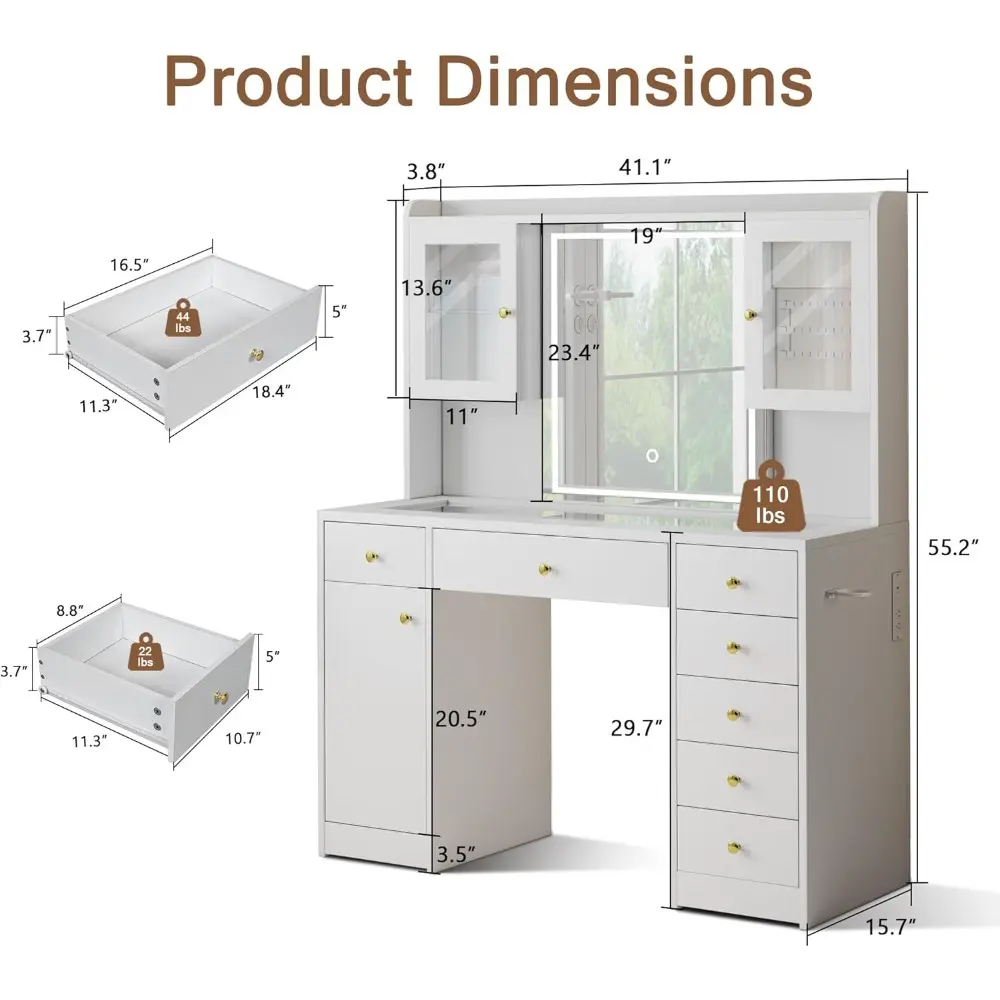 Makeup Vanity Desk with Mirror & LED Lights, Large Glass Top Vanity Table with 7 Drawers & 3 Cabinets, Modern Dressing Table wit