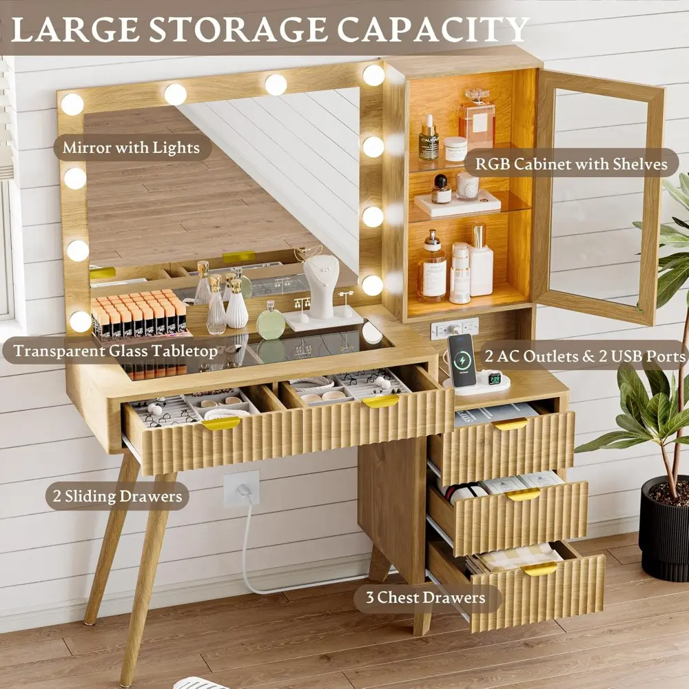 Fluted Vanity Desk with Mirror and Lights, 45" Glass Top Makeup Table Set with 5 Drawers, Power Outlet & Storage Cabinet, Large