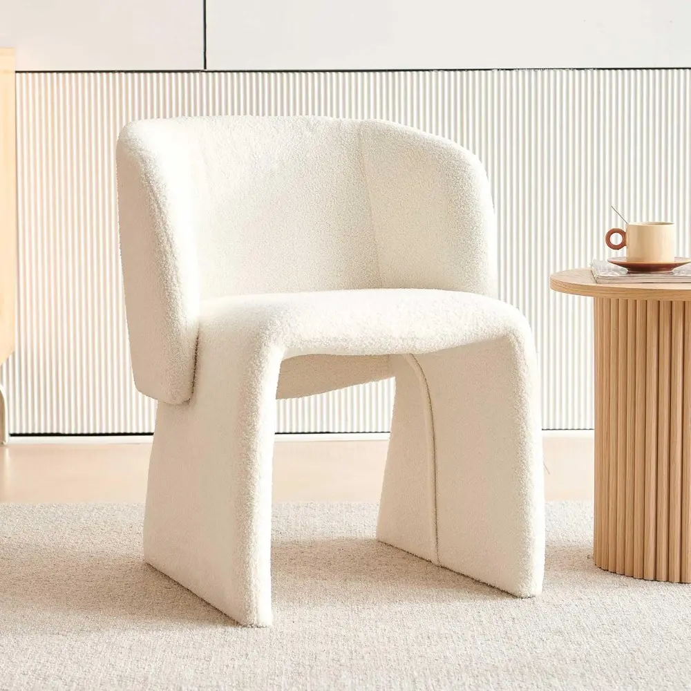 Modern Dining Chair Upholstered Off White Teddy Velvet Barrel Home Kitchen Single Sofa Chair Comfy with Metal Frame for Living R