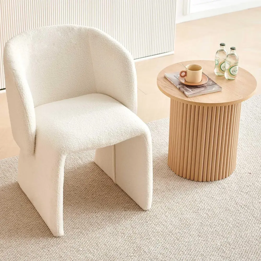 Modern Dining Chair Upholstered Off White Teddy Velvet Barrel Home Kitchen Single Sofa Chair Comfy with Metal Frame for Living R