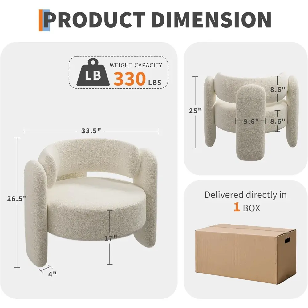 Oversized Chenille Armchair Modern Barrel Accent Chair Upholstered Mid-Century Round Chair With Open Back Single Sofa Extra Larg