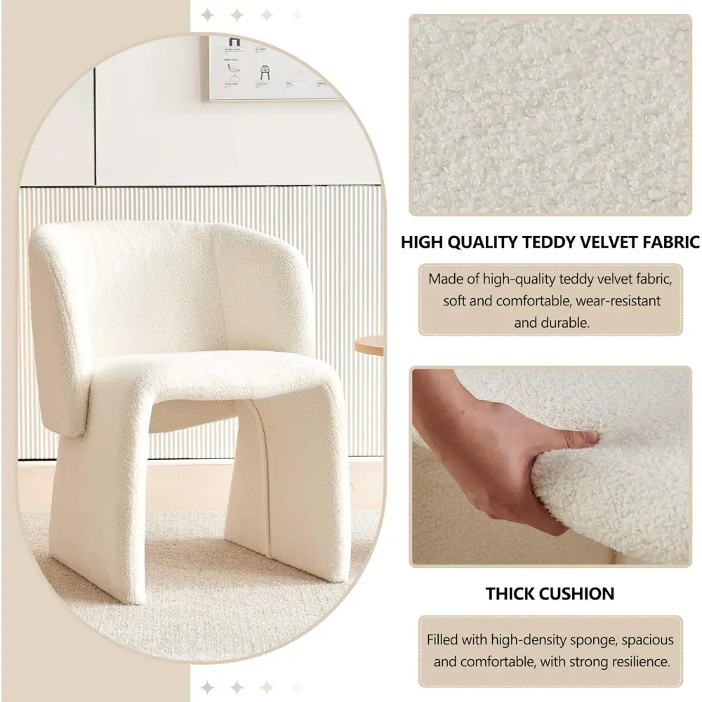 Modern Dining Chair Upholstered Off White Teddy Velvet Barrel Home Kitchen Single Sofa Chair Comfy with Metal Frame for Living R