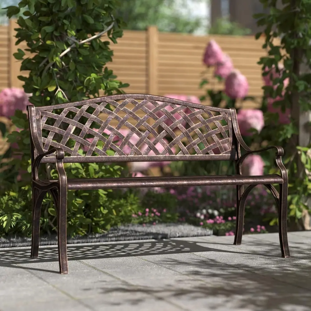 BELLEZE Patio Outdoor Garden Bench, 40 inch Cast Aluminum Loveseat Chairs with Armrests for Park, Yard, Porch, Lawn, Balcony, Ba