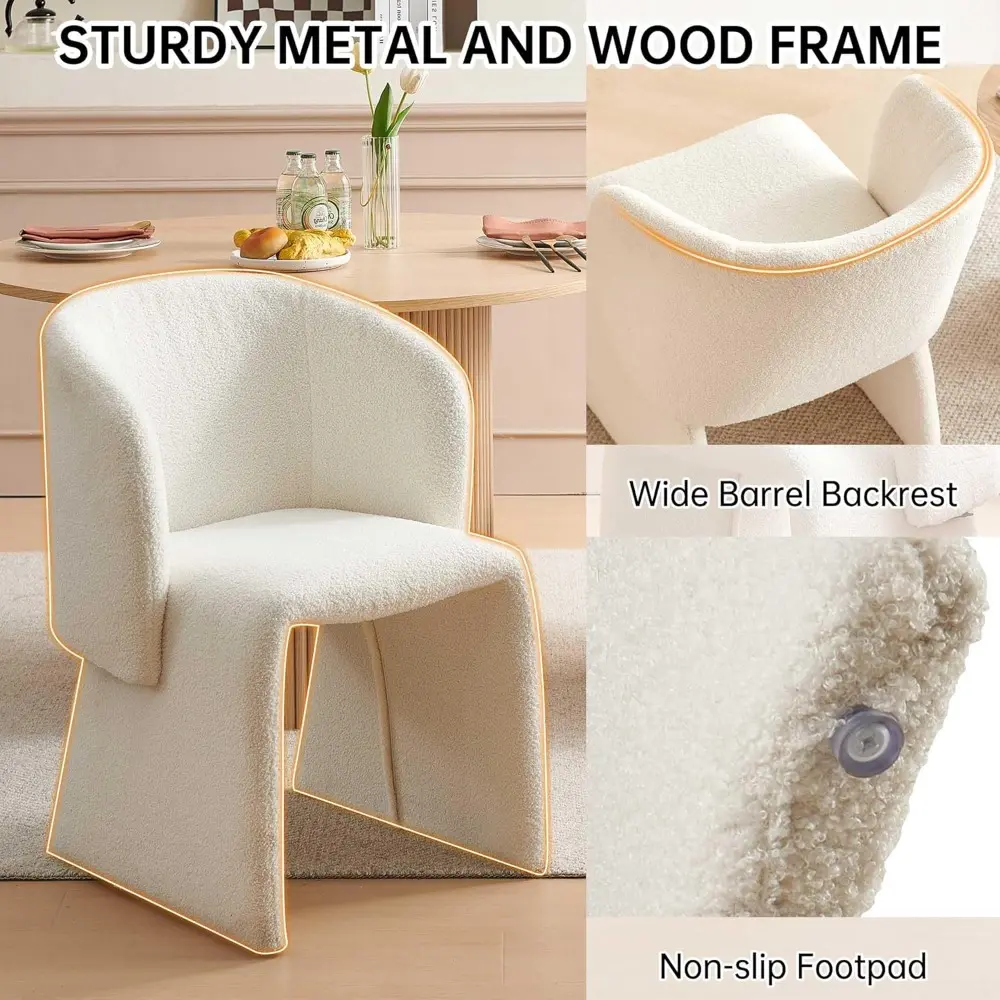 Modern Dining Chair Upholstered Off White Teddy Velvet Barrel Home Kitchen Single Sofa Chair Comfy with Metal Frame for Living R