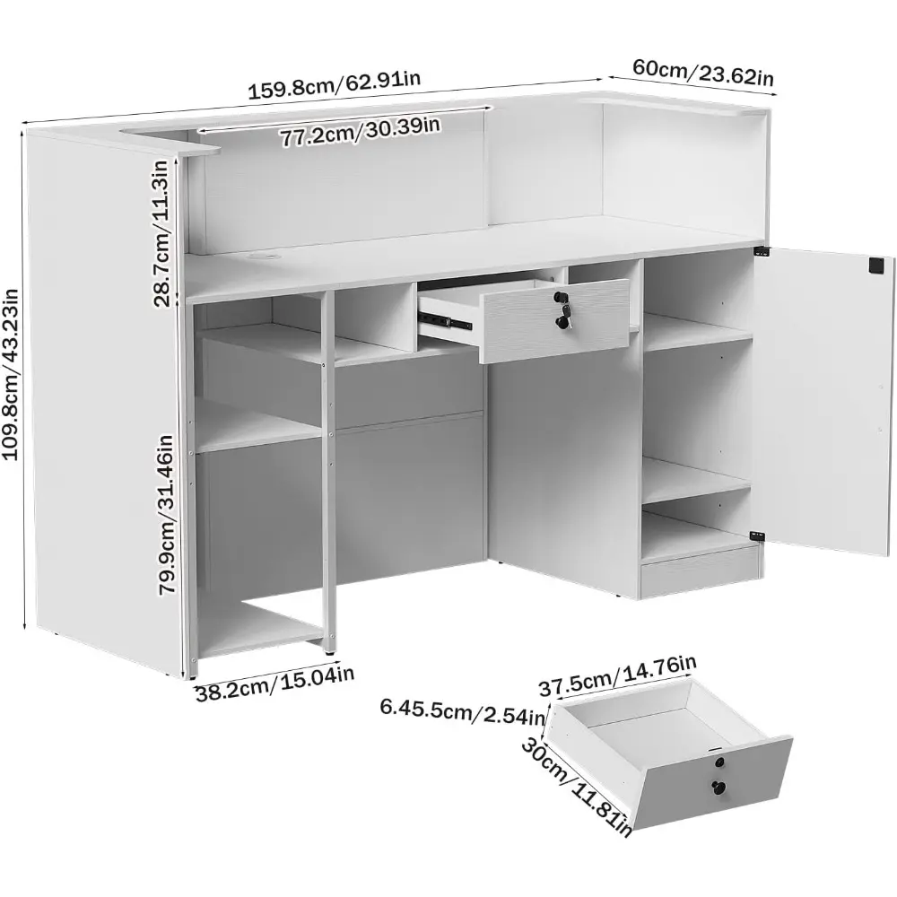 63 Inches Reception Table, Front Desk with RGB LED Lights, Modern Reception Desk with Counter & Lockable Drawer & Open Shelves,