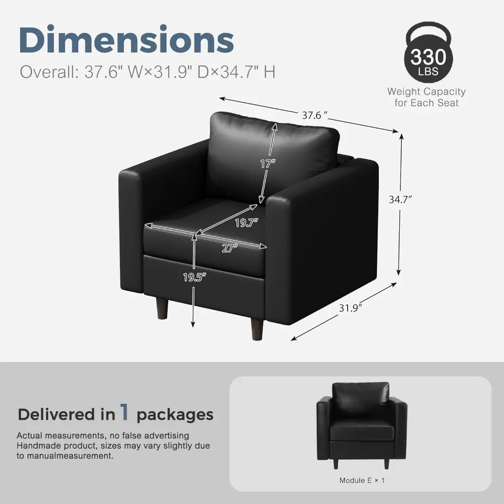 Faux Leather Single Sofa, Modern Accent Chair Black with Storage Deep Seat Large Reading Armchair for Living Room Bedroom Office