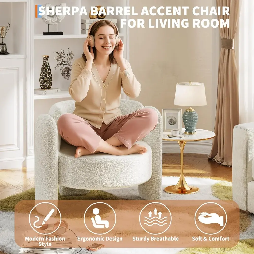 Oversized Chenille Armchair Modern Barrel Accent Chair Upholstered Mid-Century Round Chair With Open Back Single Sofa Extra Larg
