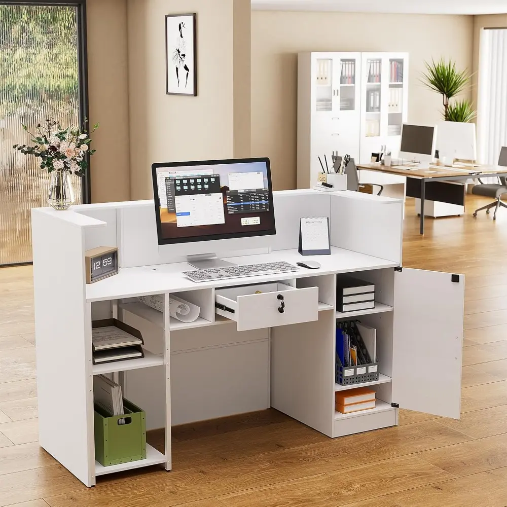63 Inches Reception Table, Front Desk with RGB LED Lights, Modern Reception Desk with Counter & Lockable Drawer & Open Shelves,