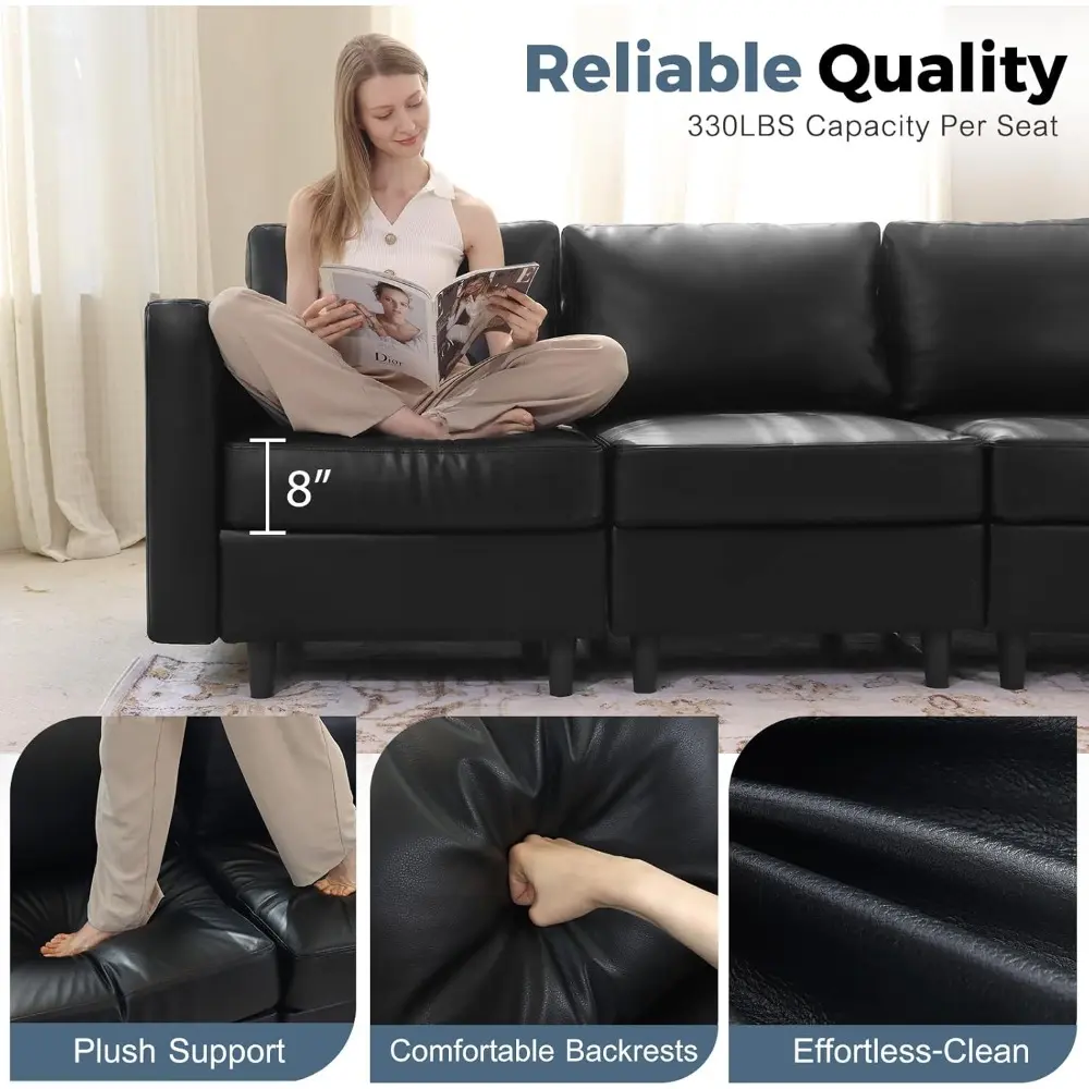Faux Leather Single Sofa, Modern Accent Chair Black with Storage Deep Seat Large Reading Armchair for Living Room Bedroom Office
