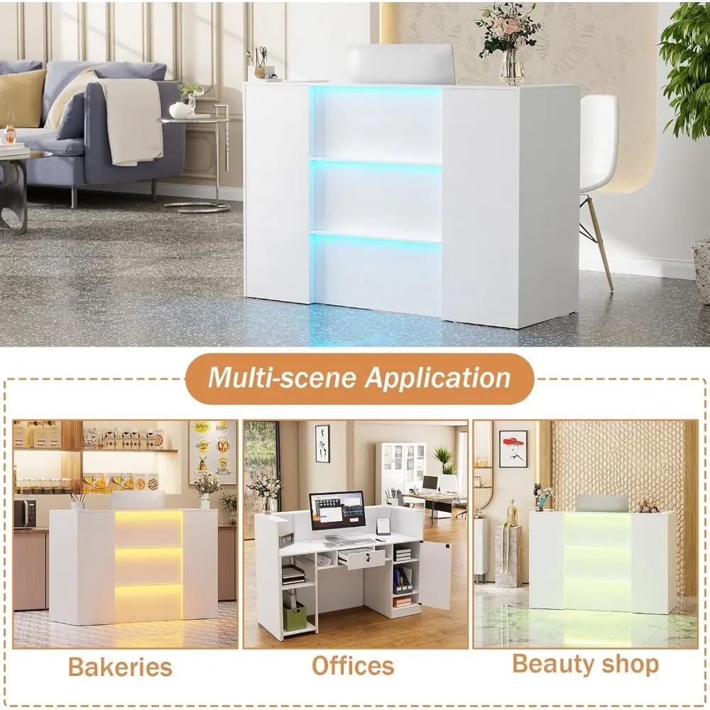 63 Inches Reception Table, Front Desk with RGB LED Lights, Modern Reception Desk with Counter & Lockable Drawer & Open Shelves,