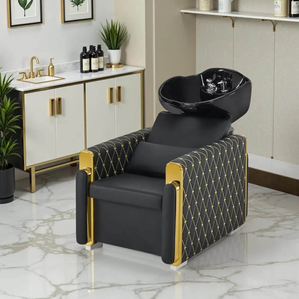 Backwash Shampoo Station Chair, Porcelain Ceramic Bowl Sink Unit for Hair Stylist, Gold&Black Shampoo Chair with Vacuum Breaker