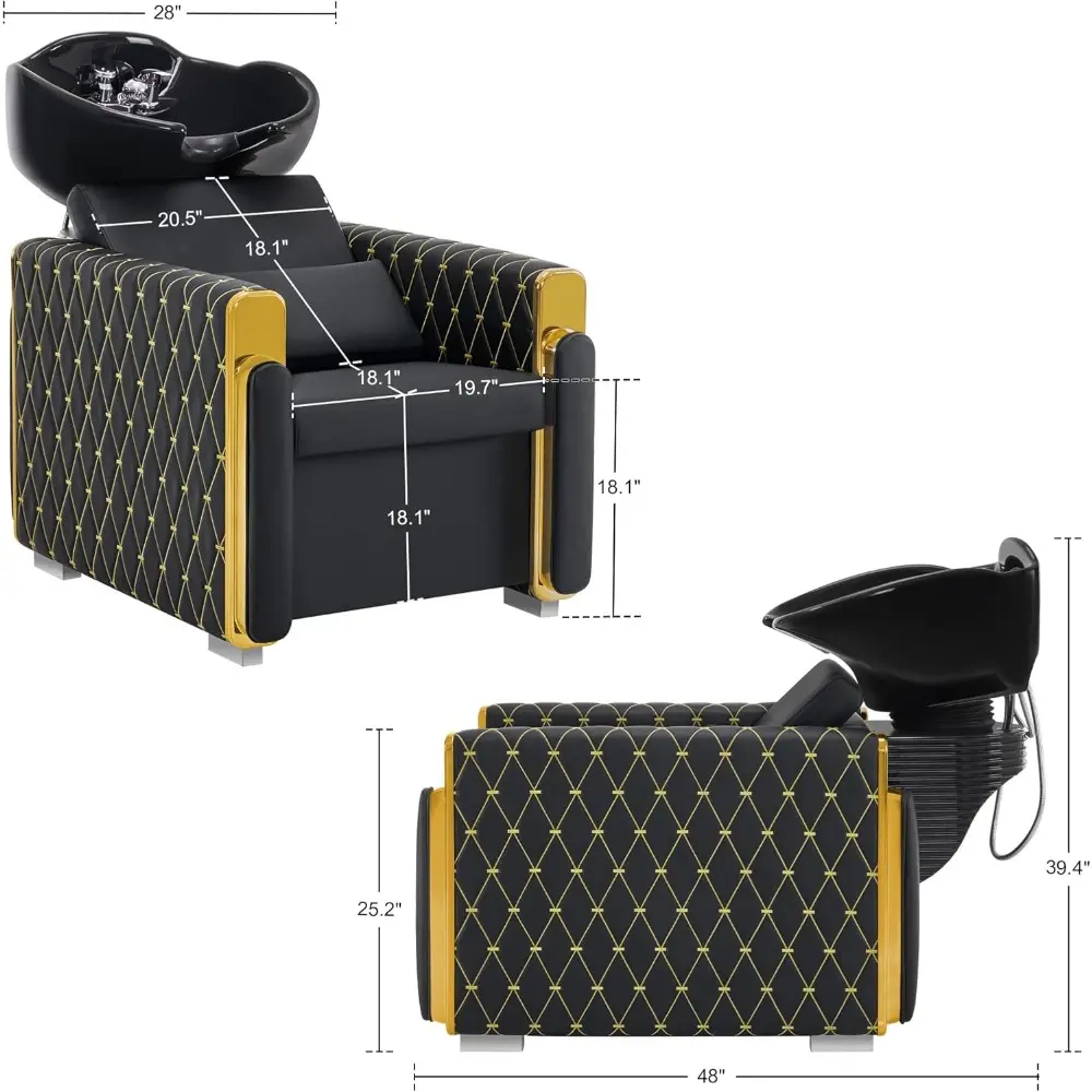 Backwash Shampoo Station Chair, Porcelain Ceramic Bowl Sink Unit for Hair Stylist, Gold&Black Shampoo Chair with Vacuum Breaker