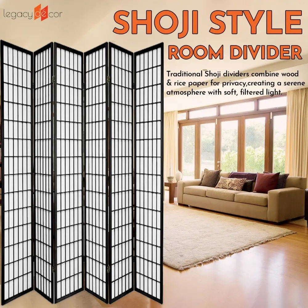 6 Panels Room Divider - Portable & Foldable Freestanding Room Privacy Screen - 6ft Tall Shoji Style Dressing Screen - Temporary