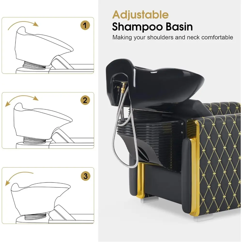 Backwash Shampoo Station Chair, Porcelain Ceramic Bowl Sink Unit for Hair Stylist, Gold&Black Shampoo Chair with Vacuum Breaker
