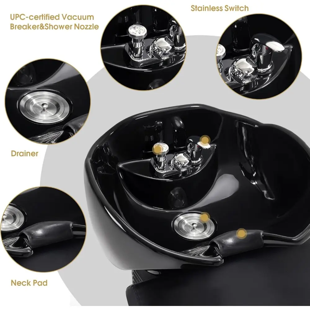 Backwash Shampoo Station Chair, Porcelain Ceramic Bowl Sink Unit for Hair Stylist, Gold&Black Shampoo Chair with Vacuum Breaker