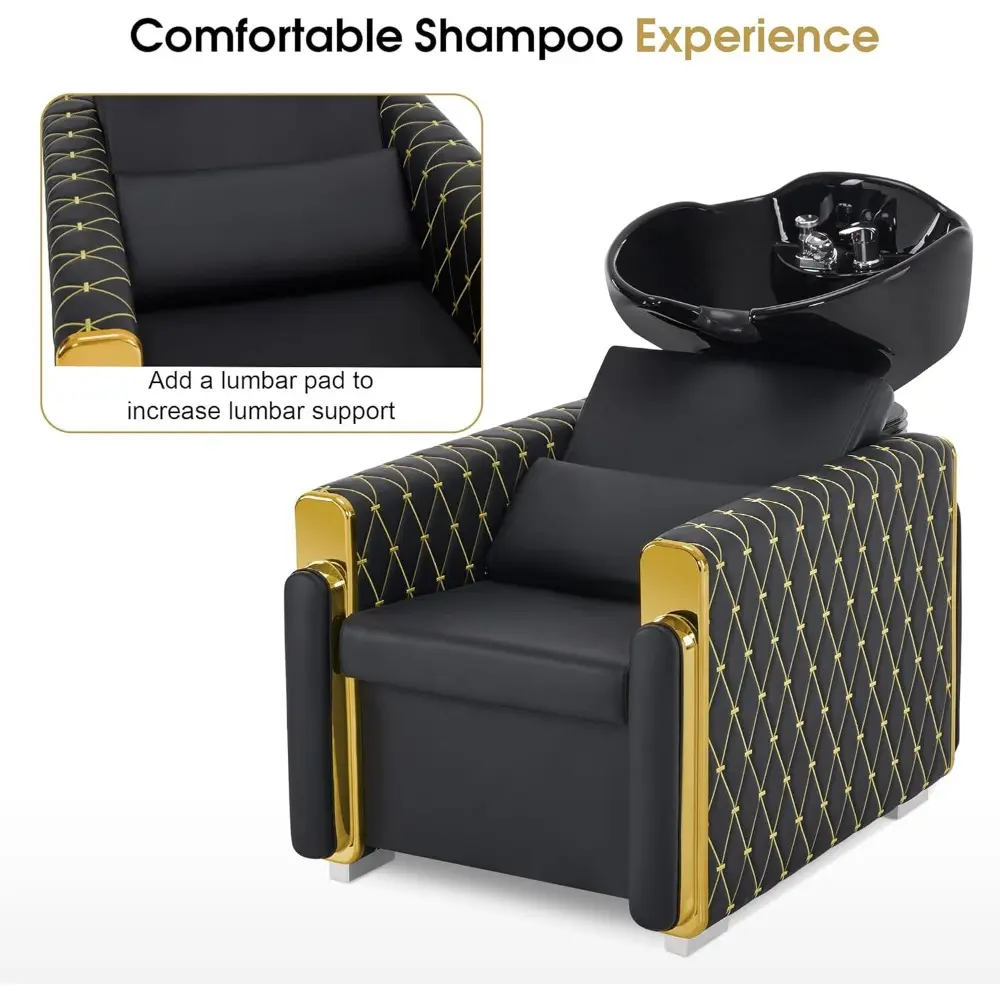 Backwash Shampoo Station Chair, Porcelain Ceramic Bowl Sink Unit for Hair Stylist, Gold&Black Shampoo Chair with Vacuum Breaker