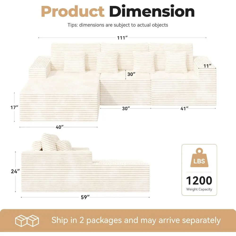111‘’ Modular Sectional Cloud Couches with L Shaped Chaise, Upholstered Deep Seat Boneless Sofa for Living Room, Bedroom, No Ass