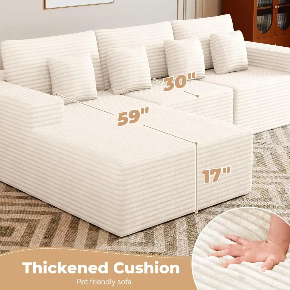 111‘’ Modular Sectional Cloud Couches with L Shaped Chaise, Upholstered Deep Seat Boneless Sofa for Living Room, Bedroom, No Ass