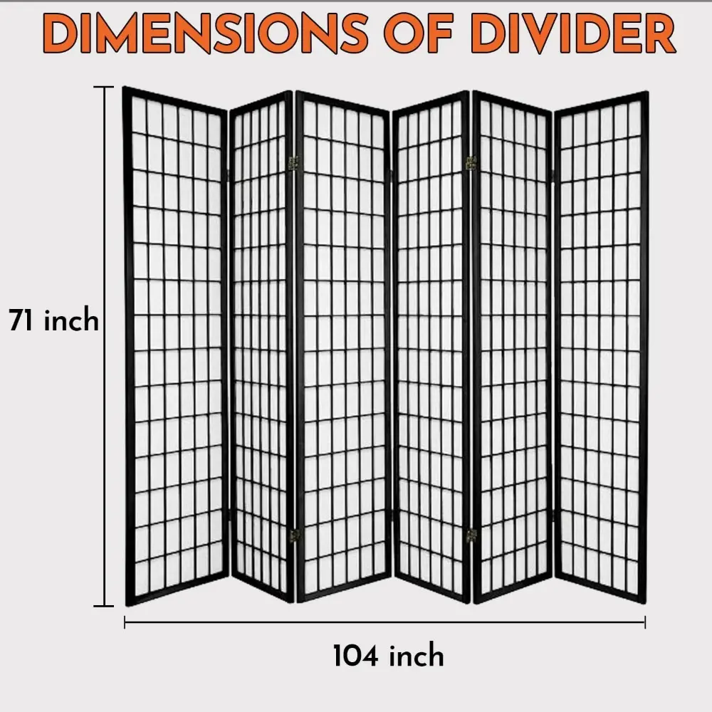 6 Panels Room Divider - Portable & Foldable Freestanding Room Privacy Screen - 6ft Tall Shoji Style Dressing Screen - Temporary