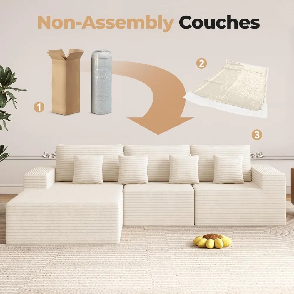 111‘’ Modular Sectional Cloud Couches with L Shaped Chaise, Upholstered Deep Seat Boneless Sofa for Living Room, Bedroom, No Ass