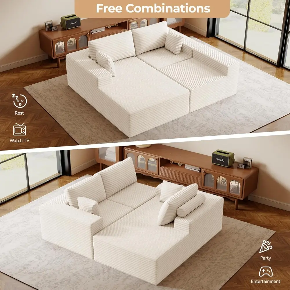 111‘’ Modular Sectional Cloud Couches with L Shaped Chaise, Upholstered Deep Seat Boneless Sofa for Living Room, Bedroom, No Ass