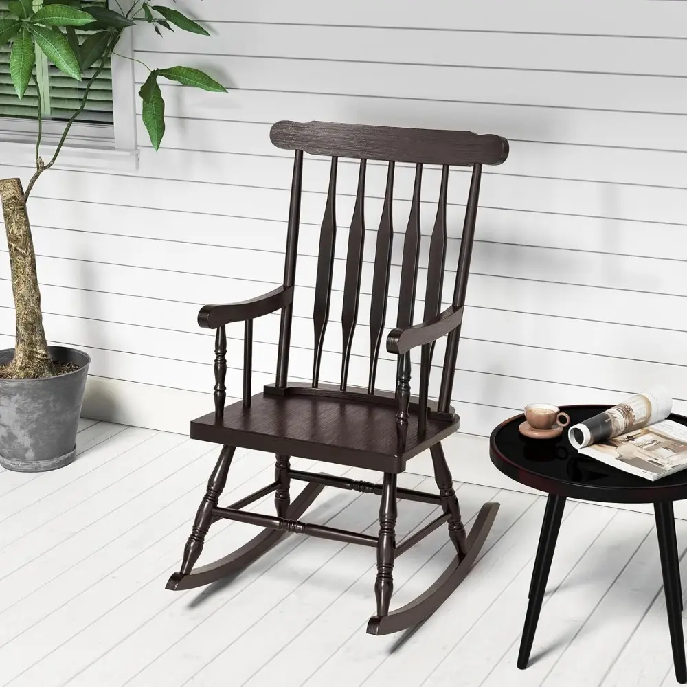 Patio Rocking Chair Solid Rubber Wood, Outdoor Porch Rocker Chair with Rubber Wood Frame, Indoor Wooden Rocking Chair, Ideal fo
