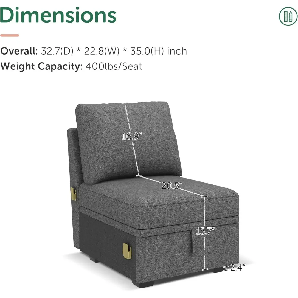 Single Seat for Modular Sectional Sleeper Sofa with Pull Out Bed, Customizable Armless Chair for Sectional Couch, Dark Grey