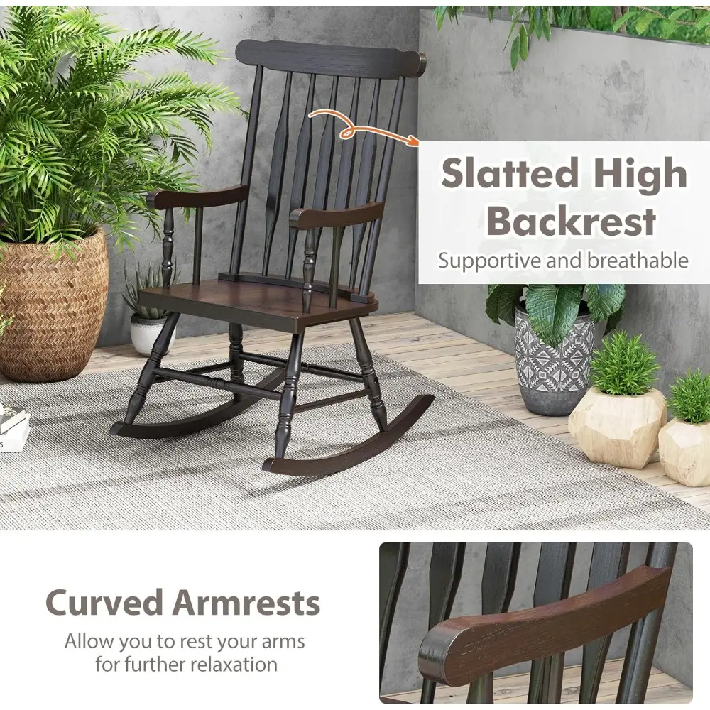 Patio Rocking Chair Solid Rubber Wood, Outdoor Porch Rocker Chair with Rubber Wood Frame, Indoor Wooden Rocking Chair, Ideal fo