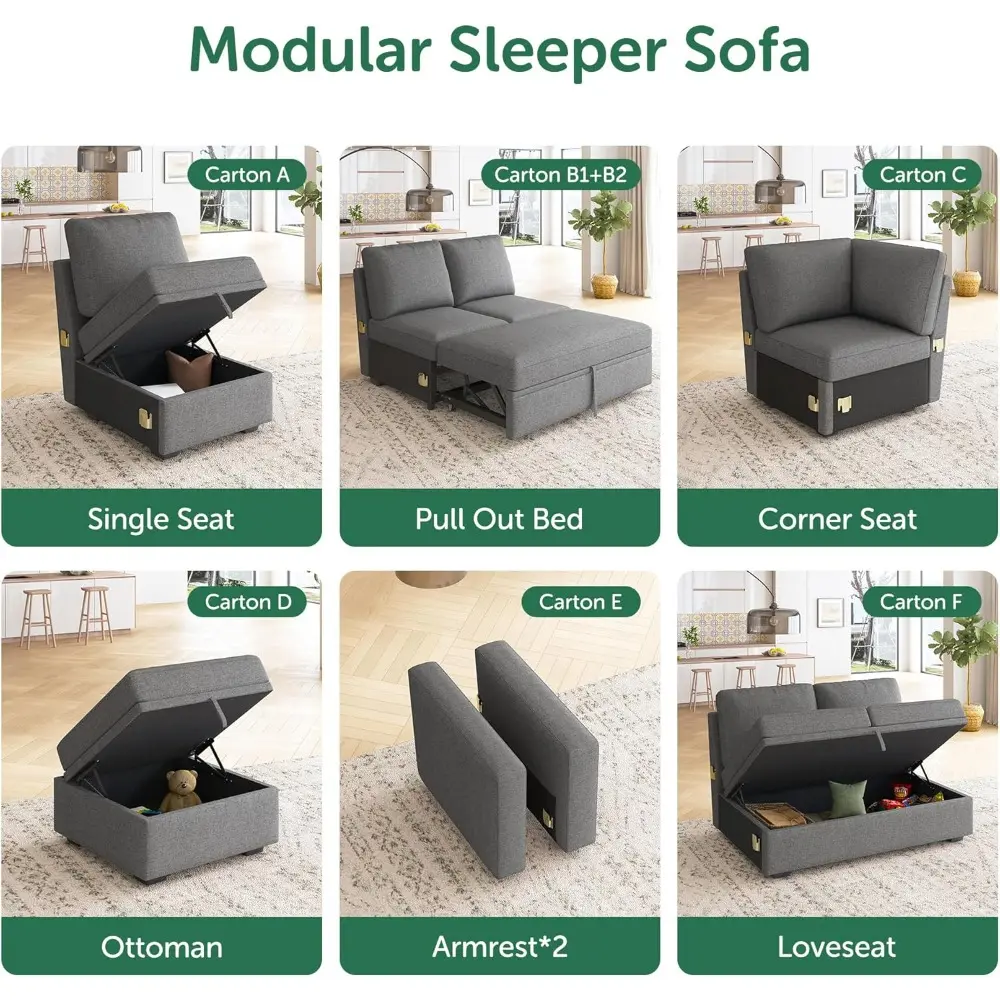 Single Seat for Modular Sectional Sleeper Sofa with Pull Out Bed, Customizable Armless Chair for Sectional Couch, Dark Grey