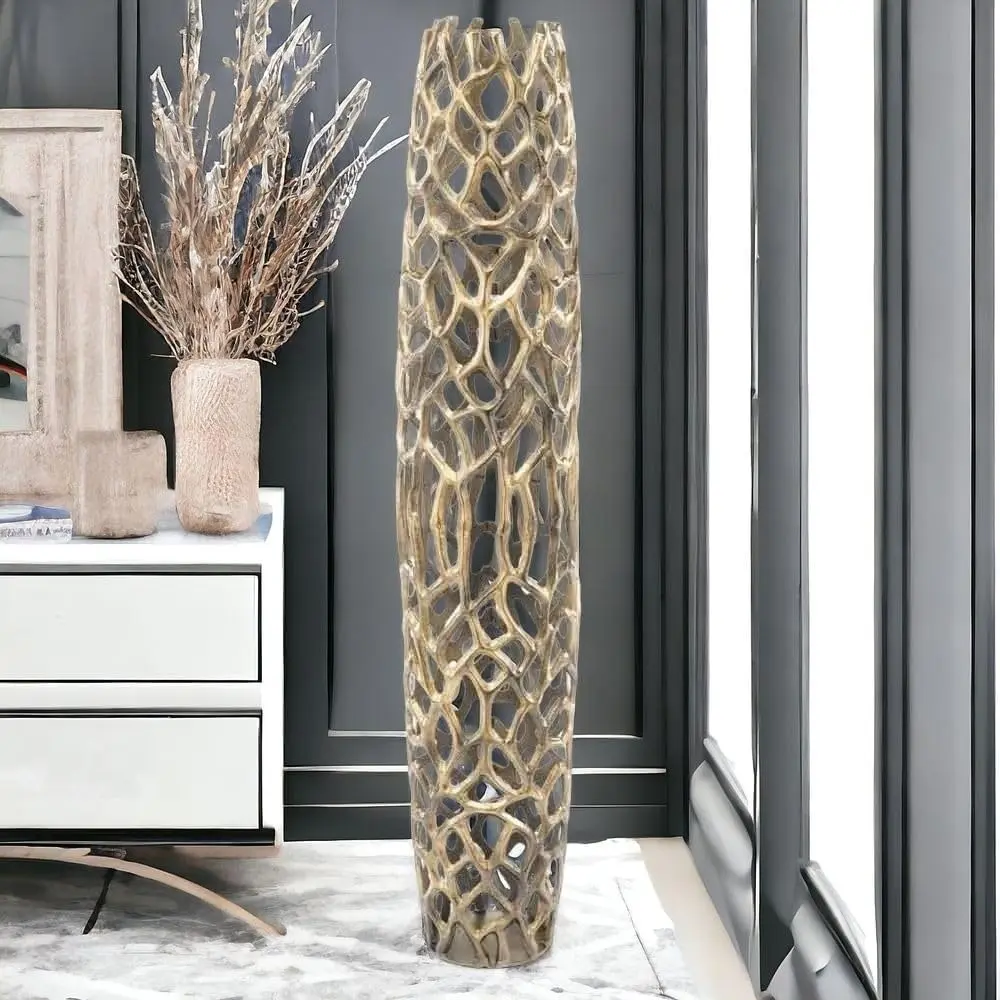 3696 Rama Gold XXL Twigs Barrel Floor Vase, Statement Piece, Floor Standing, Tall Vase, Corner Decor 9" Lx 9" W x 47" H, XX-Lar