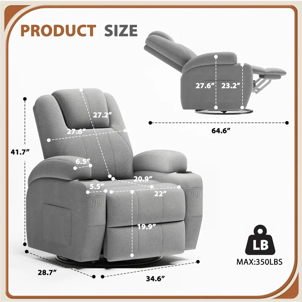 Swivel Rocker Recliner Chair with Vibration Massage, 360° Swivel Recliner Chairs for Adults Ergonomic Lounge Chair with Cup Hol