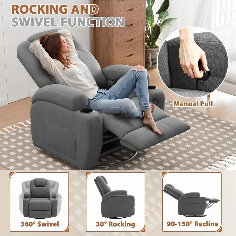 Swivel Rocker Recliner Chair with Vibration Massage, 360° Swivel Recliner Chairs for Adults Ergonomic Lounge Chair with Cup Hol