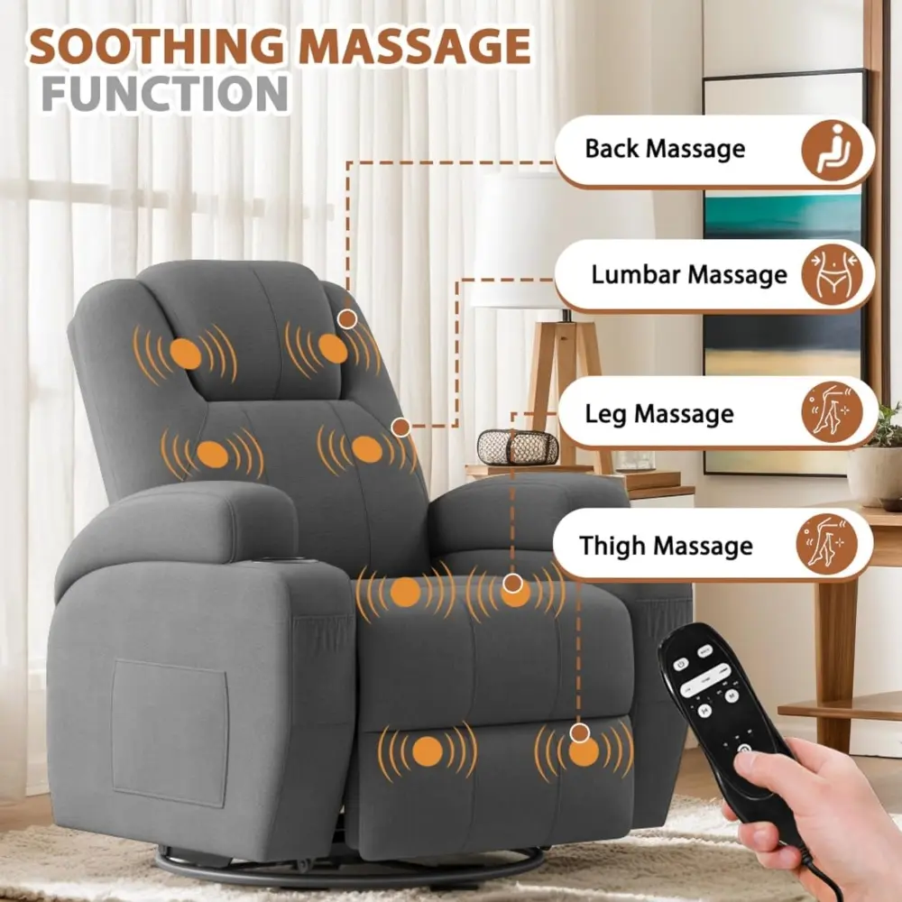 Swivel Rocker Recliner Chair with Vibration Massage, 360° Swivel Recliner Chairs for Adults Ergonomic Lounge Chair with Cup Hol