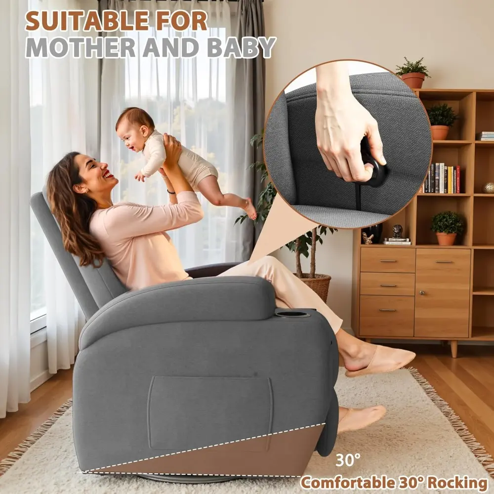 Swivel Rocker Recliner Chair with Vibration Massage, 360° Swivel Recliner Chairs for Adults Ergonomic Lounge Chair with Cup Hol