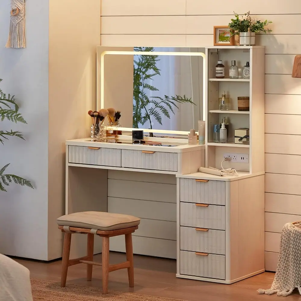 White Vanity Desk with Mirror and Lights, 43.5'' Fluted Makeup Vanity with 6 Drawers and Adjustable Shelves, Wood Make Up Vanit