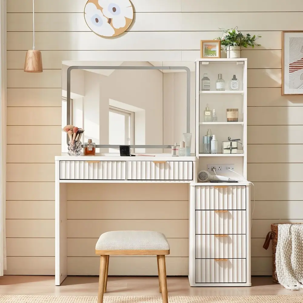 White Vanity Desk with Mirror and Lights, 43.5'' Fluted Makeup Vanity with 6 Drawers and Adjustable Shelves, Wood Make Up Vanit