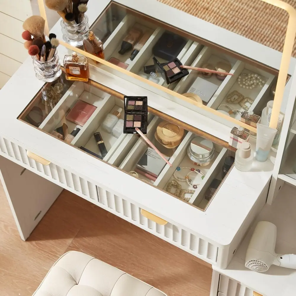 White Vanity Desk with Mirror and Lights, 43.5'' Fluted Makeup Vanity with 6 Drawers and Adjustable Shelves, Wood Make Up Vanit