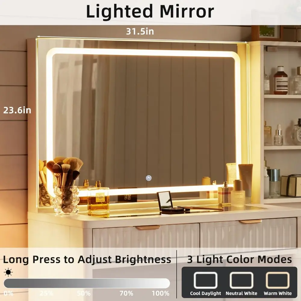 White Vanity Desk with Mirror and Lights, 43.5'' Fluted Makeup Vanity with 6 Drawers and Adjustable Shelves, Wood Make Up Vanit