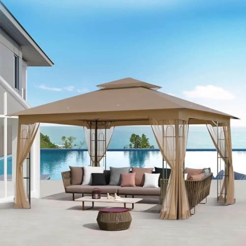 Outdoor Gazebo with Mosquito Netting 13x11 at Top and 12x10 at Base, Double Tier Roof Patio Gazebo Pavilion for Backyards, Patio