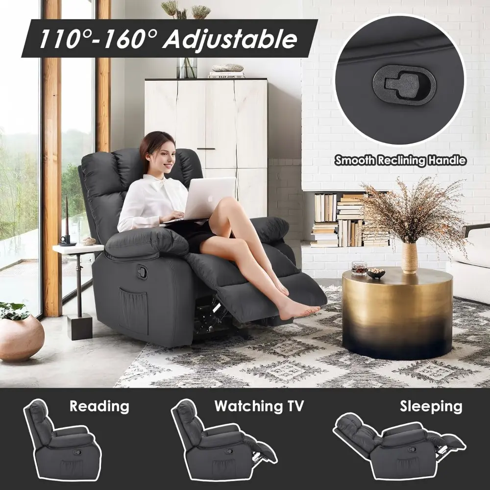 Recliner Chair, Upholstered Rocker Recliner Chair with Side Pocket, Ergonomic 110°-160° Adjustable Reclining Chairs for Adults,