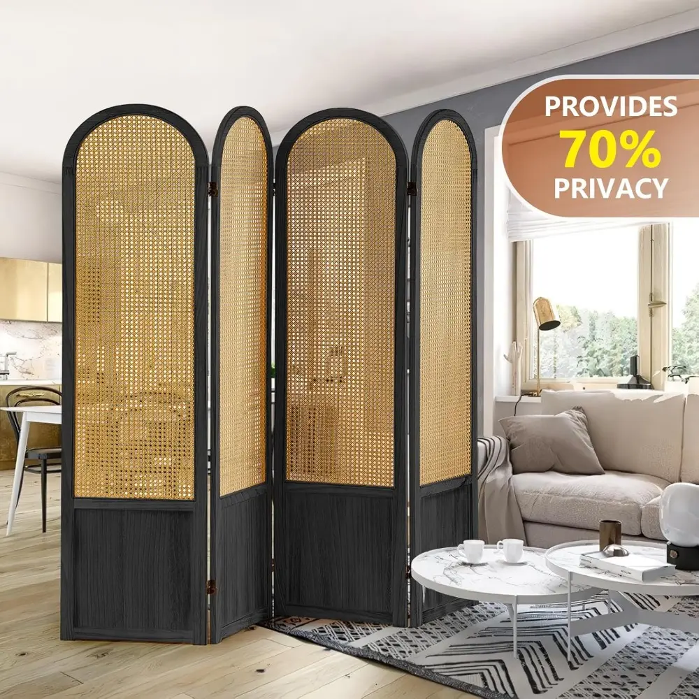 4 Panel Room Divider and Folding Privacy Screen, 5.6 Ft Foldable Double Hinged Rattan Partition, Hand-Woven Rattan Room Divider