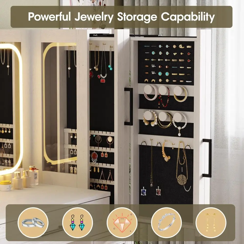 Makeup Vanity with Lighted Mirror & Power Strip, Large Vanity Desk with Sliding Jewelry Storage Shelves, 4 Drawers, 3 Cabinets