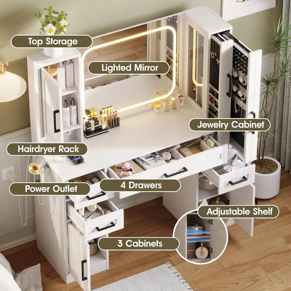 Makeup Vanity with Lighted Mirror & Power Strip, Large Vanity Desk with Sliding Jewelry Storage Shelves, 4 Drawers, 3 Cabinets