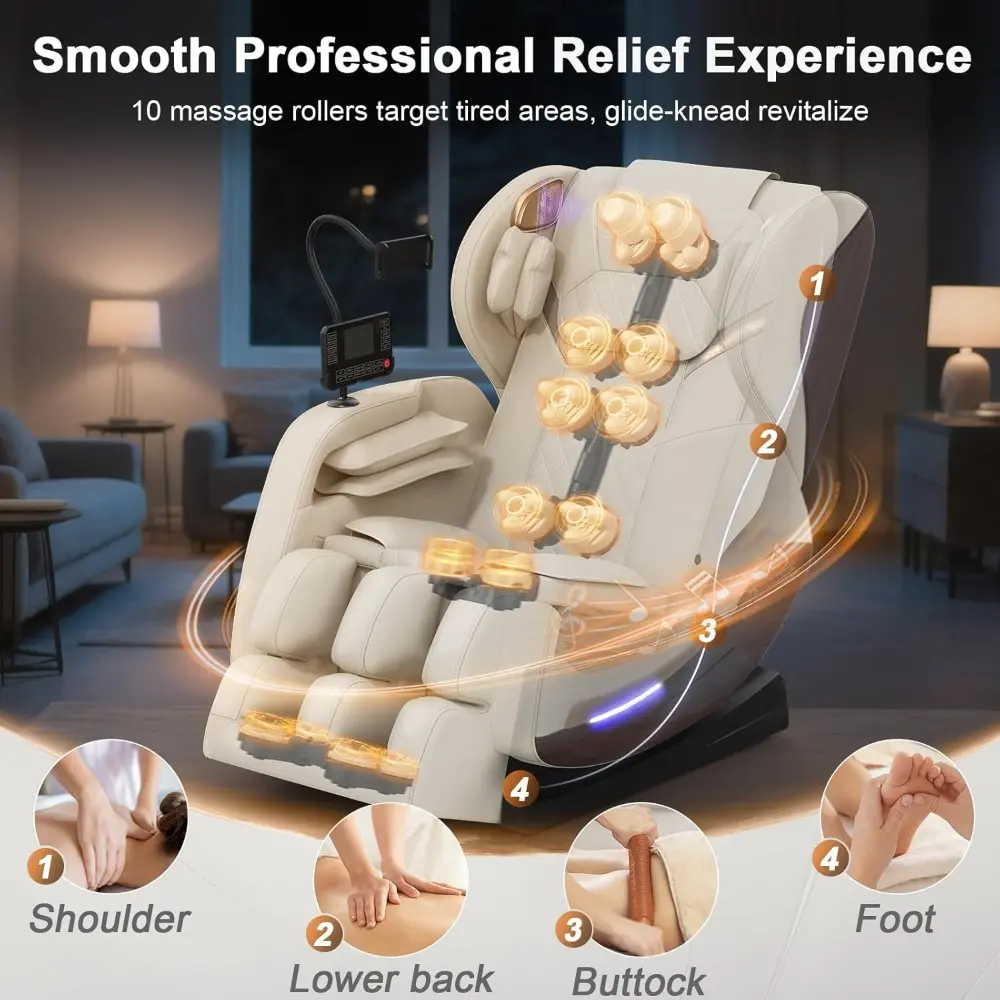 "2025 Full Body Reclining Massage Chair with 10 Fixed Points, Zero Gravity, Wood Grain Leather, and Foot Massage"